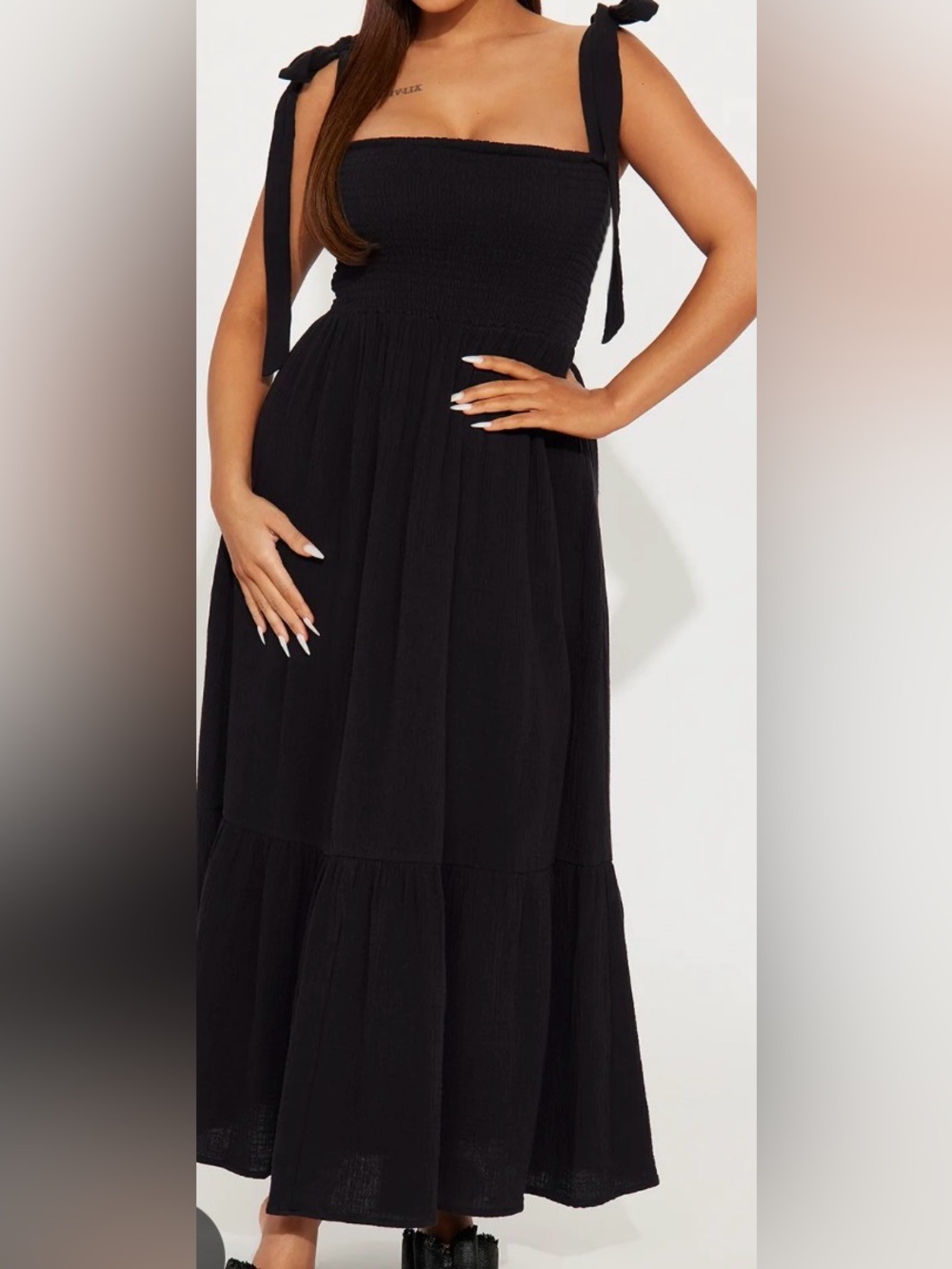 Storia Black Smocked Tie-Shoulder Maxi Dress